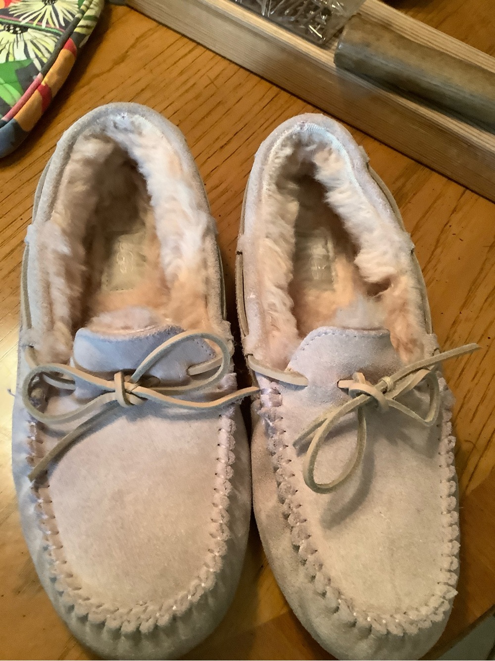 UGG Light Pink Suede & shearling Moccasin Slippers with Bow